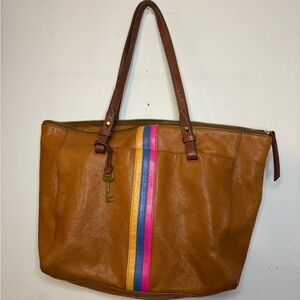 Fossil Brown Leather Tote Bag with Stripes